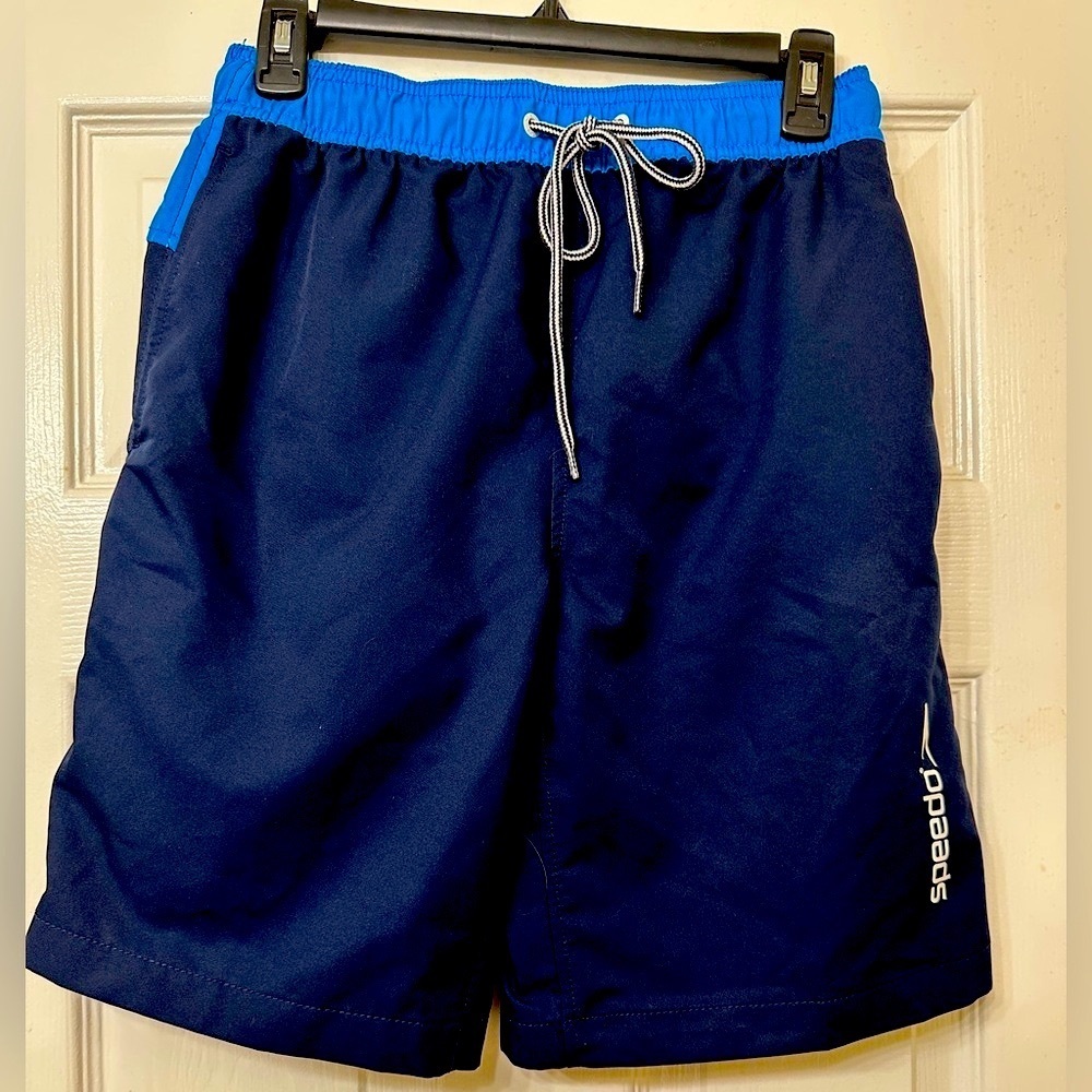 Speedo  Swim Trunks  Blue Black Tie Front Elastic Waist Size Small
